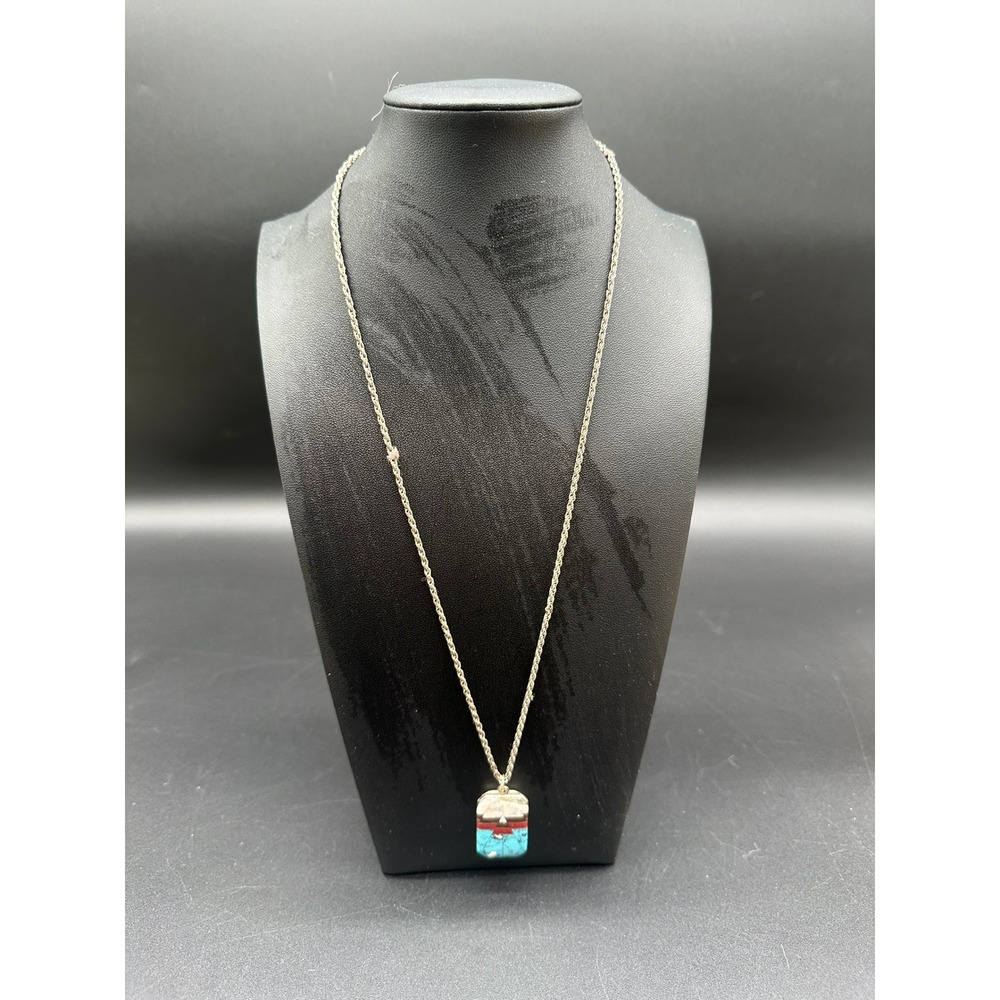 Turquoise Inlay Geometric Pendant Necklace Sterling Silver Chain Southwest Style